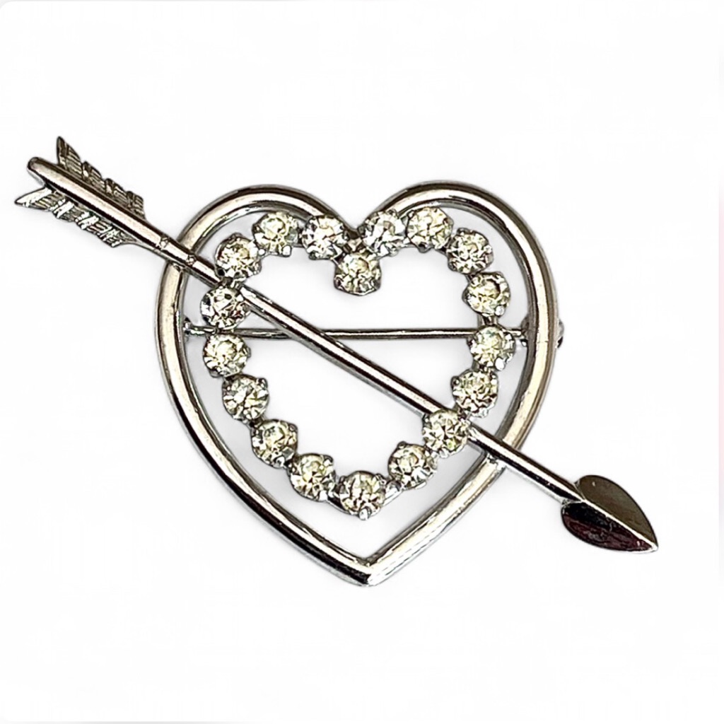 Krementz Rare Vintage Signed Rhinestone Heart & Arrow Brooch 2” Silver Tone 70s